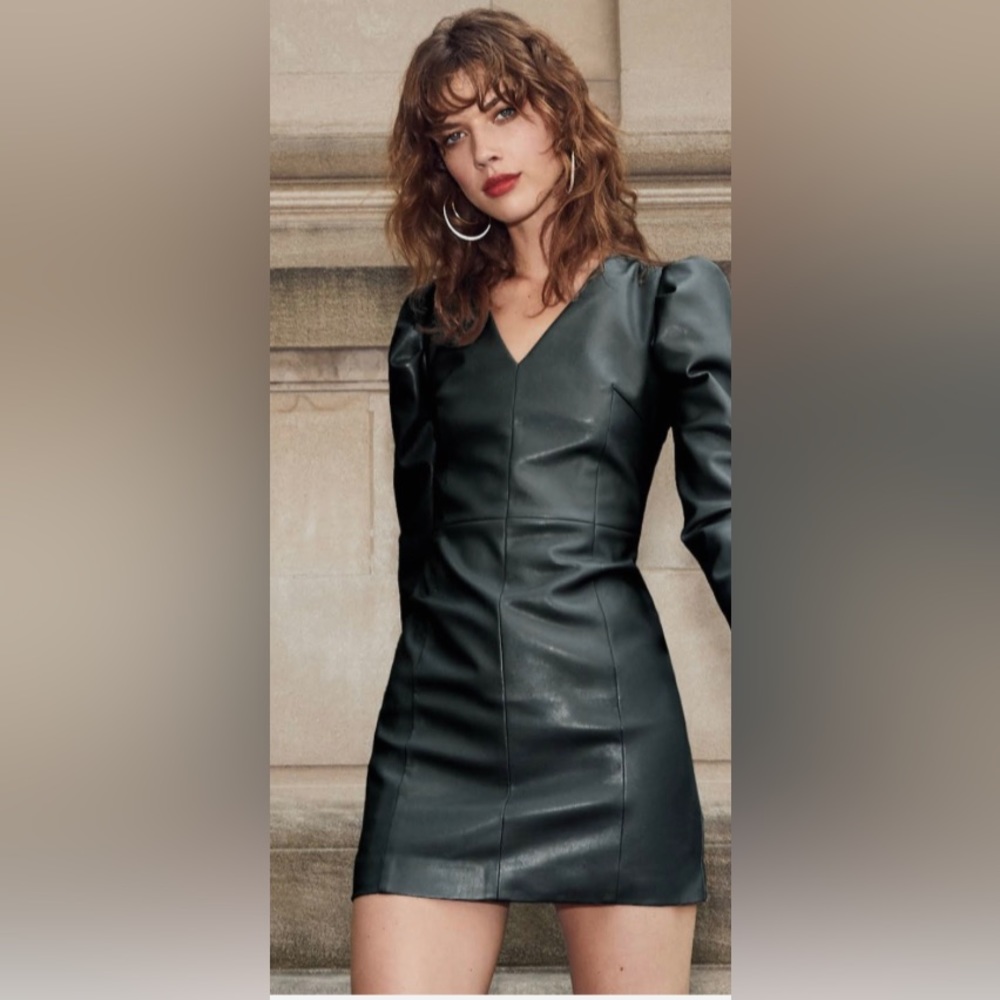 Aqua Women Green V-Neck Faux-Leather Puff Long-Sleeve Mini Dress Size 0 NWT $165